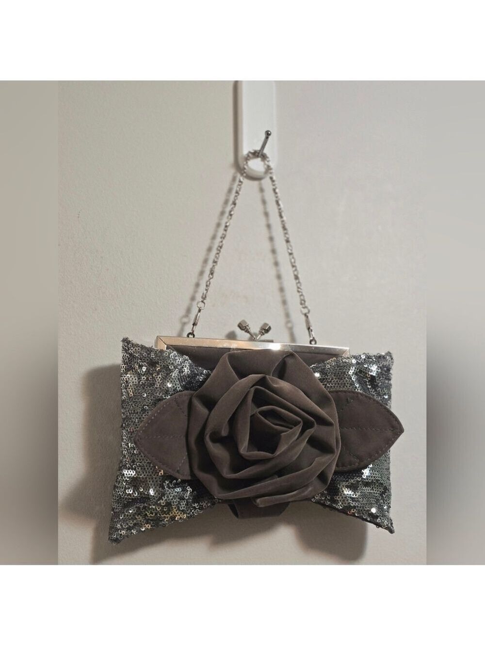 Elegant Silver Sequin Clutch with Floral Accent